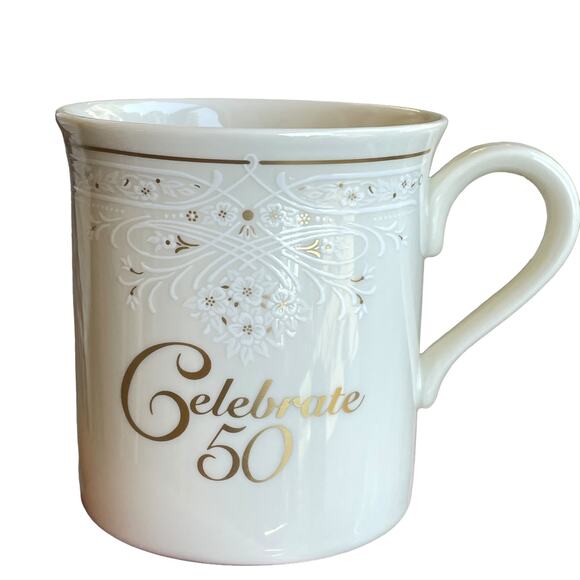 Lenox Celebrate 50 Mug Birthday Anniversary Ivory w/ Gold Script Coffee Tea Box - Picture 1 of 11